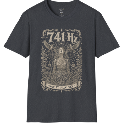 Person with throat chakra symbol and sound wave rising into wings, 741 Hz self-expression engraving design — Dark Sacred Stillness collection by Ramro Yoga Wear in dark heather grey