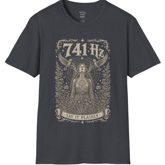 Person with throat chakra symbol and sound wave rising into wings, 741 Hz self-expression engraving design — Dark Sacred Stillness collection by Ramro Yoga Wear in dark heather grey