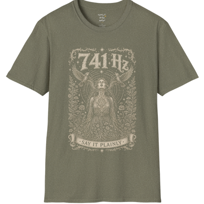 Person with throat chakra symbol and sound wave rising into wings, 741 Hz self-expression engraving design — Dark Sacred Stillness collection by Ramro Yoga Wear in heather military green