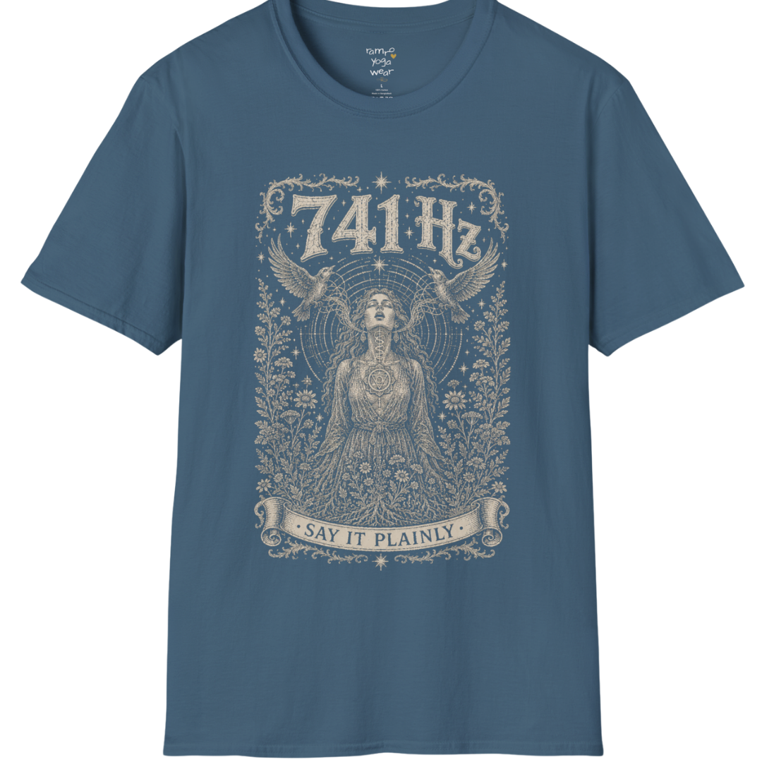 Person with throat chakra symbol and sound wave rising into wings, 741 Hz self-expression engraving design — Dark Sacred Stillness collection by Ramro Yoga Wear in Indigo Blue