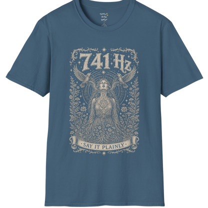Person with throat chakra symbol and sound wave rising into wings, 741 Hz self-expression engraving design — Dark Sacred Stillness collection by Ramro Yoga Wear in Indigo Blue