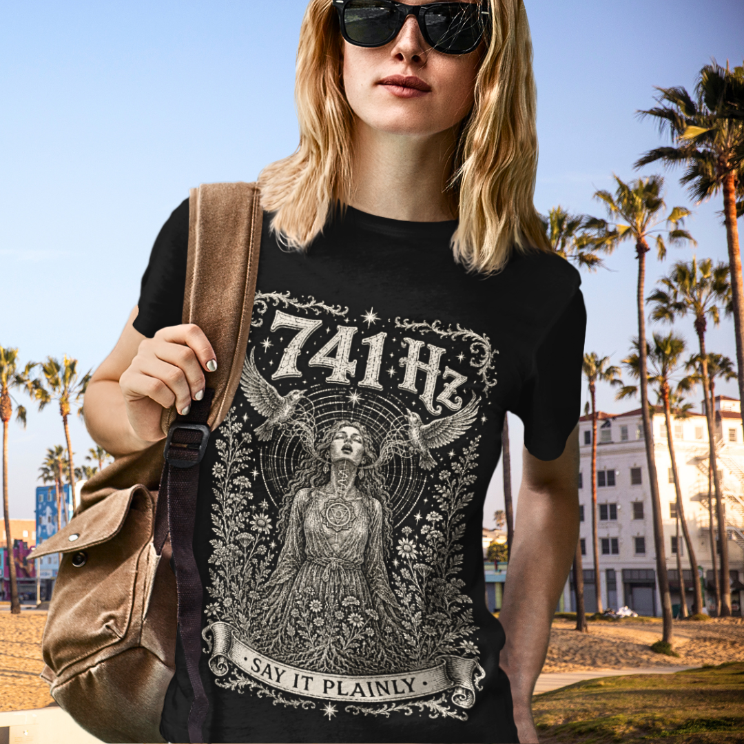 Person wearing 741 Hz Black sacred yoga shirt on a palm-lined street — Dark Sacred Stillness collection by Ramro Yoga Wear