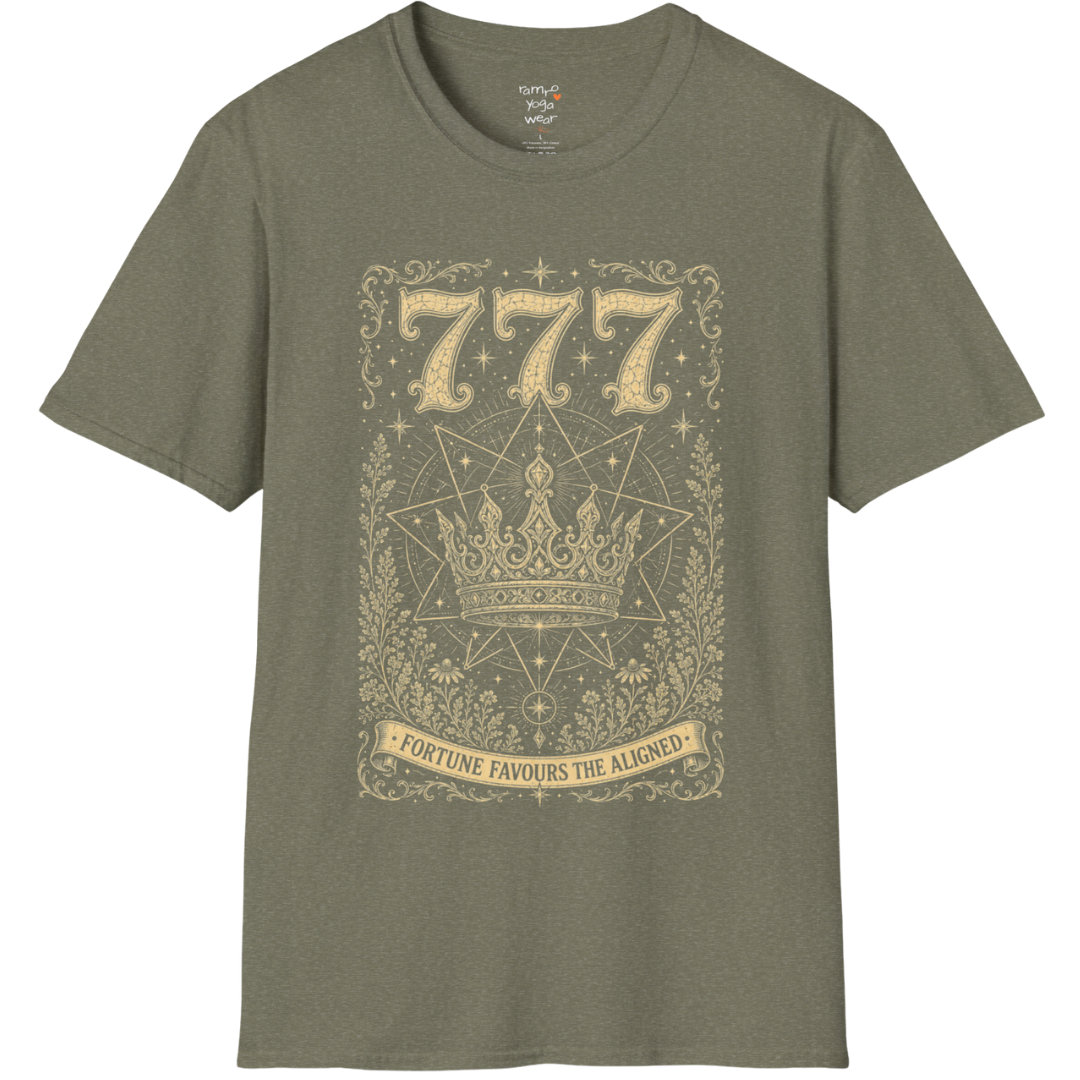 777 celestial crown sacred geometry star mandala engraving design — Dark Sacred Stillness collection by Ramro Yoga Wear in Heather Military Green.