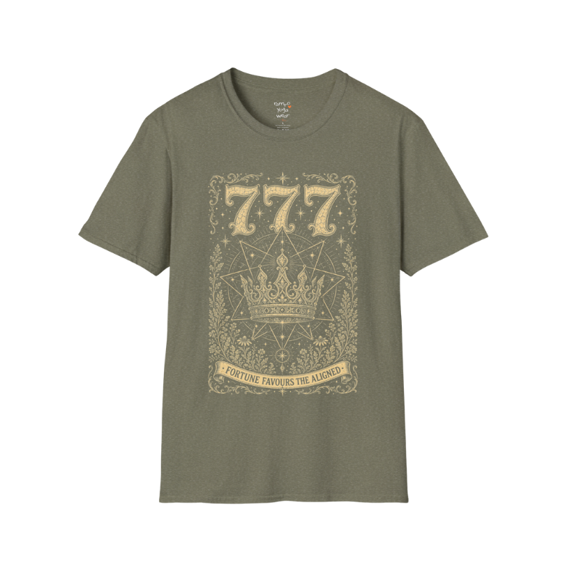777 celestial crown sacred geometry star mandala engraving design — Dark Sacred Stillness collection by Ramro Yoga Wear in Heather Military Green.