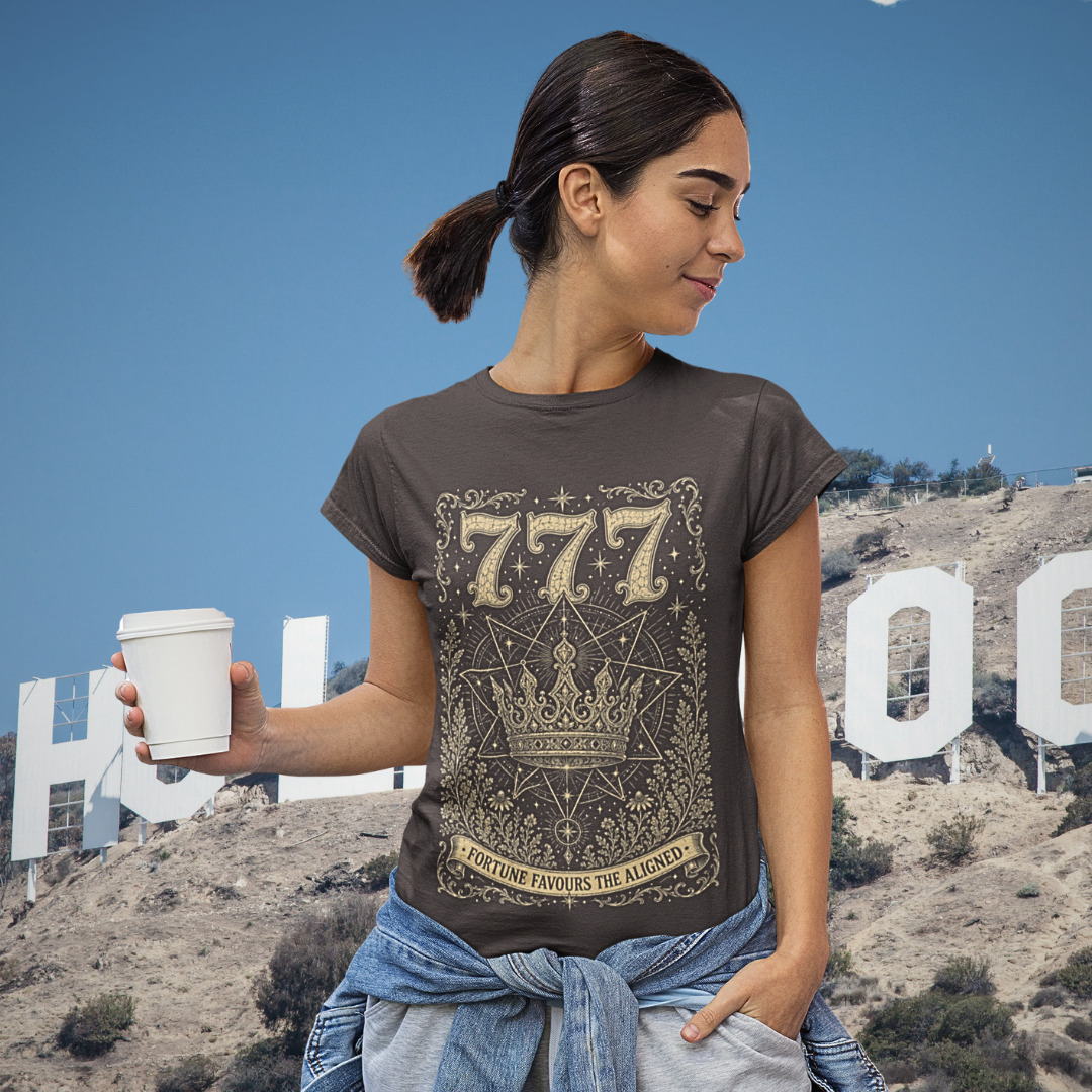 Woman wearing 777 dark chocolate angel number shirt at Hollywood sign — Dark Sacred Stillness collection by Ramro Yoga Wear