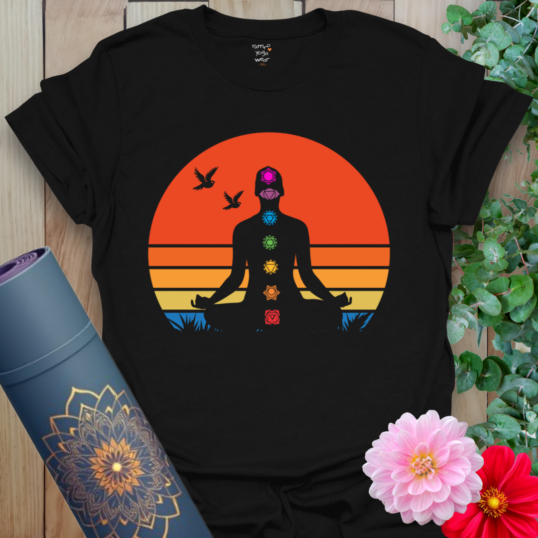 Crafted by Ramro Yoga Wear this black 7 Chakra T-Shirt featuring vibrant chakra alignment design on soft cotton fabric.
