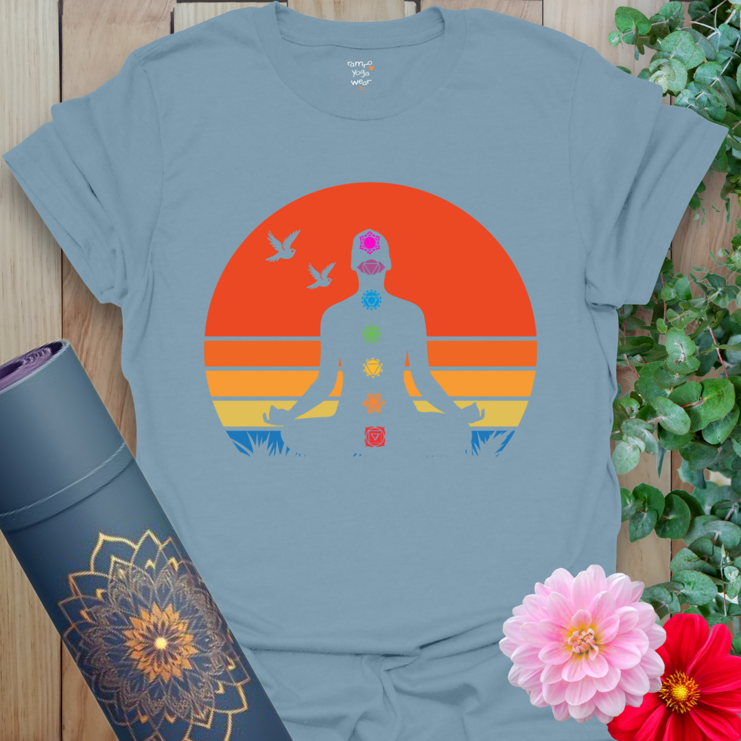 Stone Blue 7 Chakra T-Shirt with calming chakra alignment print on soft, spiritual apparel crafted with love by Ramro.