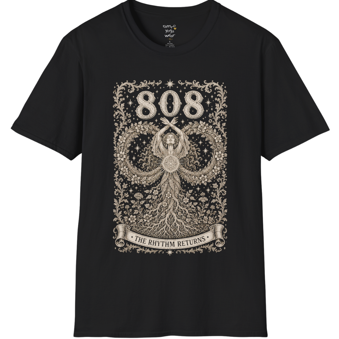 808 T-Shirt with infinity loop and sacred geometry design — Dark Sacred Stillness collection by Ramro Yoga Wear in Black