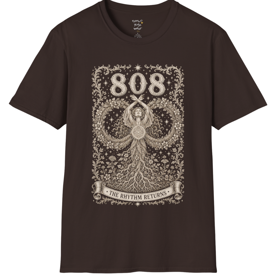 808 T-Shirt with infinity loop and sacred geometry design — Dark Sacred Stillness collection by Ramro Yoga Wear in Dark Chocolate