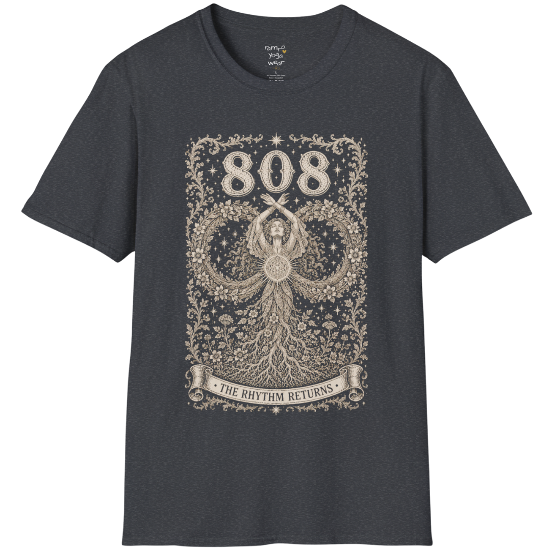 808 T-Shirt with infinity loop and sacred geometry design — Dark Sacred Stillness collection by Ramro Yoga Wear in Dark Heather Grey