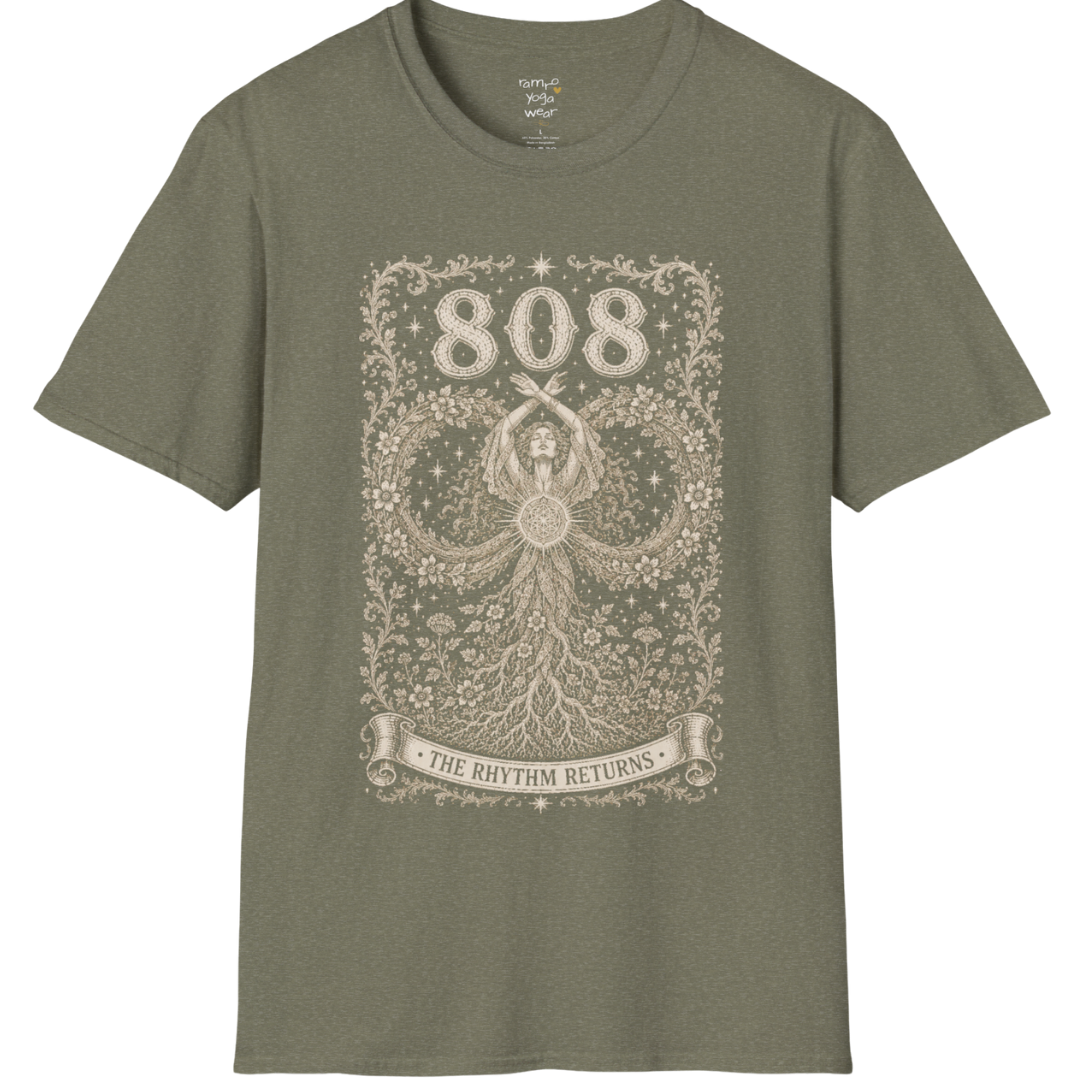 808 T-Shirt with infinity loop and sacred geometry design — Dark Sacred Stillness collection by Ramro Yoga Wear in Heather Military Green
