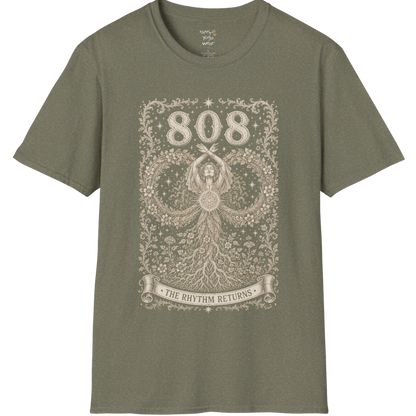 808 T-Shirt with infinity loop and sacred geometry design — Dark Sacred Stillness collection by Ramro Yoga Wear in Heather Military Green