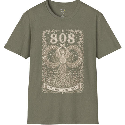 808 T-Shirt with infinity loop and sacred geometry design — Dark Sacred Stillness collection by Ramro Yoga Wear in Heather Military Green