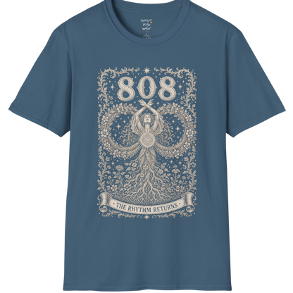 808 T-Shirt with infinity loop and sacred geometry design — Dark Sacred Stillness collection by Ramro Yoga Wear in Indigo Blue