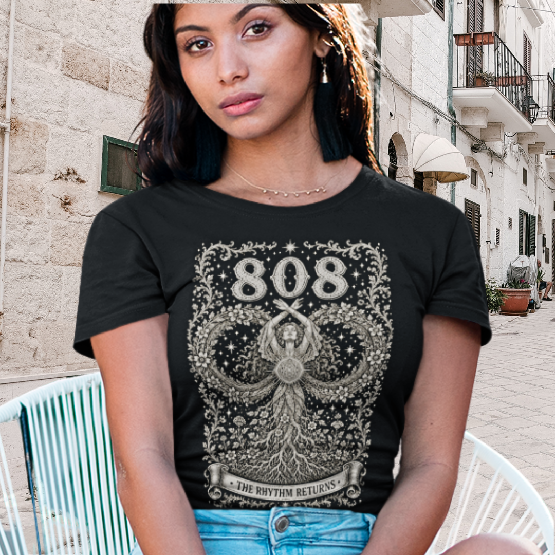 808 T-Shirt with infinity loop and sacred geometry design — Dark Sacred Stillness collection by Ramro Yoga Wear 