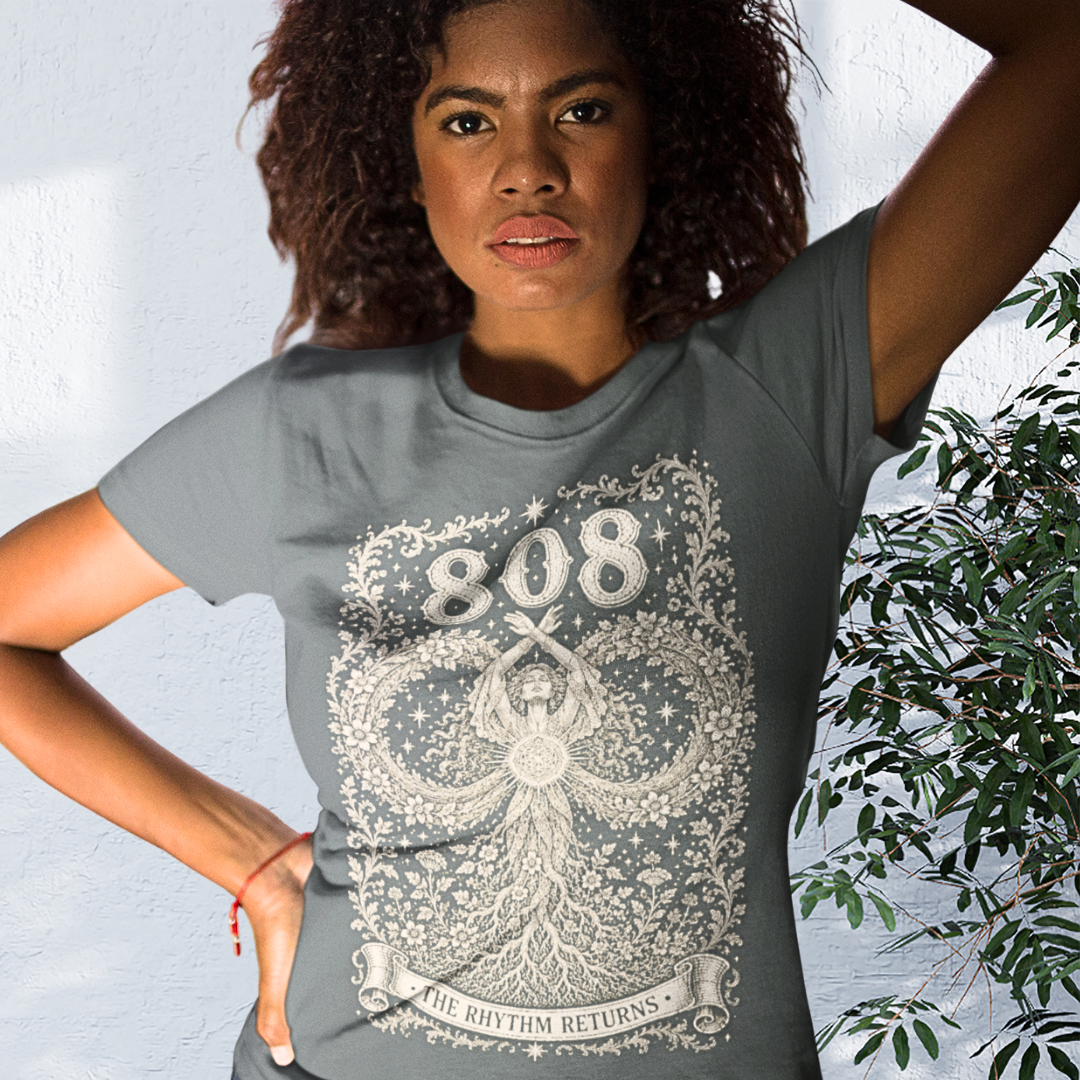 808 T-Shirt dark heather sacred yoga shirt outdoors — Dark Sacred Stillness collection by Ramro Yoga Wear