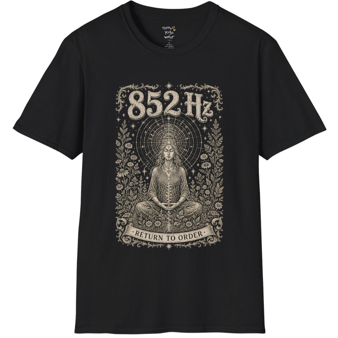 852 Hz T-Shirt with meditating figure and third eye design — Dark Sacred Stillness collection by Ramro Yoga Wear in Black