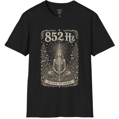 852 Hz T-Shirt with meditating figure and third eye design — Dark Sacred Stillness collection by Ramro Yoga Wear in Black