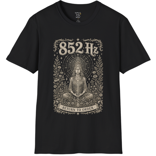852 Hz T-Shirt with meditating figure and third eye design — Dark Sacred Stillness collection by Ramro Yoga Wear in Black