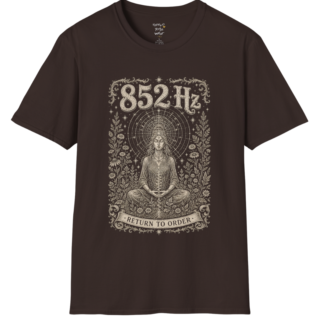 852 Hz T-Shirt with meditating figure and third eye design — Dark Sacred Stillness collection by Ramro Yoga Wear in Dark Chocolate