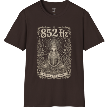 852 Hz T-Shirt with meditating figure and third eye design — Dark Sacred Stillness collection by Ramro Yoga Wear in Dark Chocolate