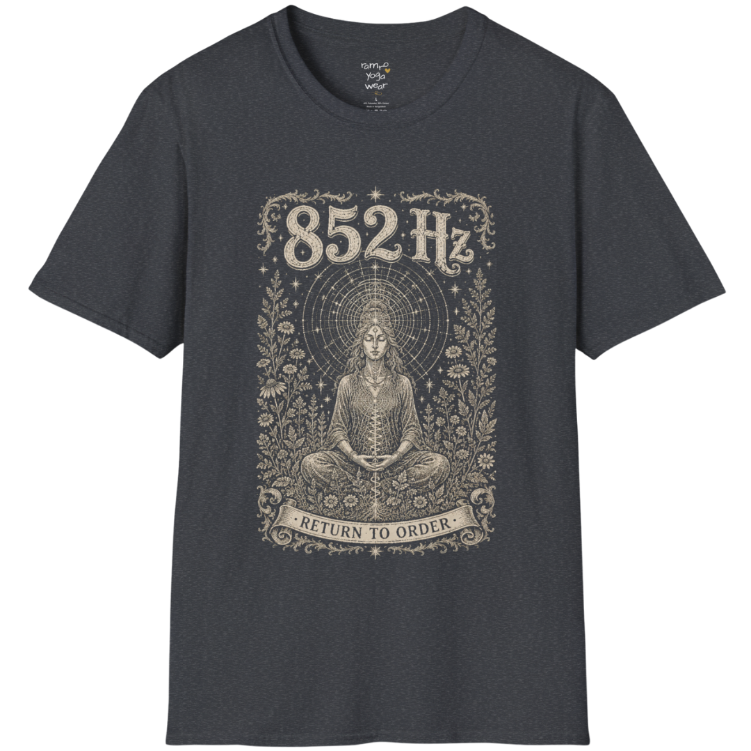852 Hz T-Shirt with meditating figure and third eye design — Dark Sacred Stillness collection by Ramro Yoga Wear in Dark Heather Grey