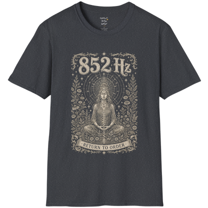 852 Hz T-Shirt with meditating figure and third eye design — Dark Sacred Stillness collection by Ramro Yoga Wear in Dark Heather Grey