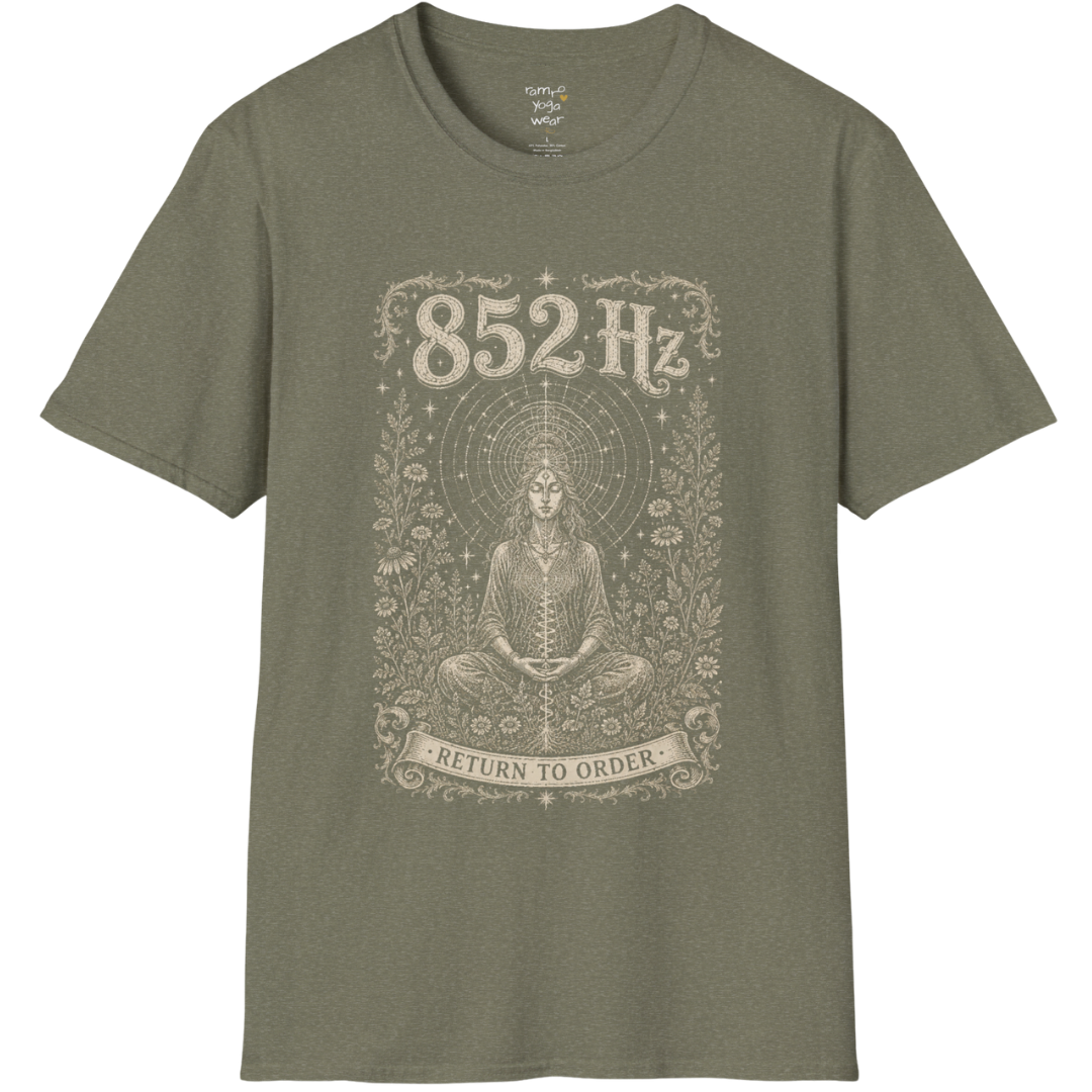 852 Hz T-Shirt with meditating figure and third eye design — Dark Sacred Stillness collection by Ramro Yoga Wear in Heather Military Green
