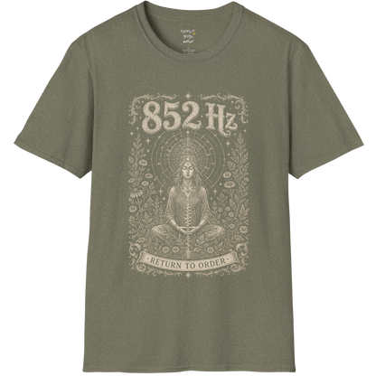 852 Hz T-Shirt with meditating figure and third eye design — Dark Sacred Stillness collection by Ramro Yoga Wear in Heather Military Green