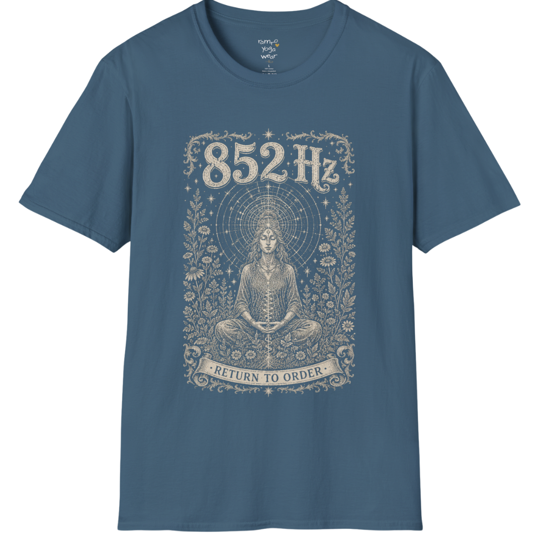 852 Hz T-Shirt with meditating figure and third eye design — Dark Sacred Stillness collection by Ramro Yoga Wear in Indigo Blue