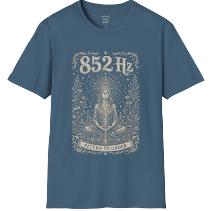 852 Hz T-Shirt with meditating figure and third eye design — Dark Sacred Stillness collection by Ramro Yoga Wear in Indigo Blue