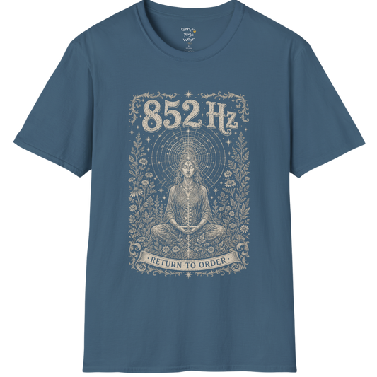 852 Hz T-Shirt with meditating figure and third eye design — Dark Sacred Stillness collection by Ramro Yoga Wear in Indigo Blue