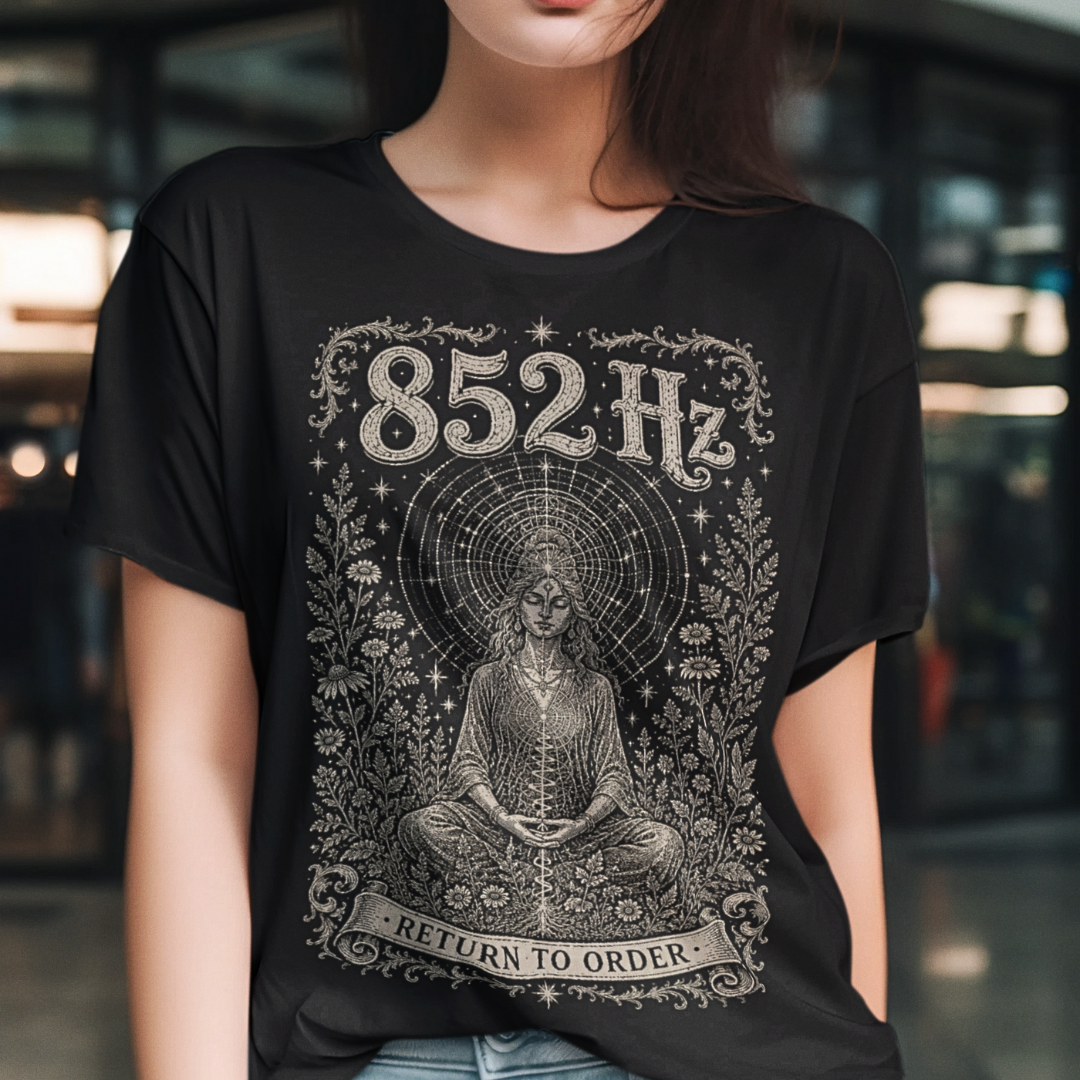 Woman wearing 852 Hz T-Shirt black sacred yoga shirt in the city — Dark Sacred Stillness collection by Ramro Yoga Wear