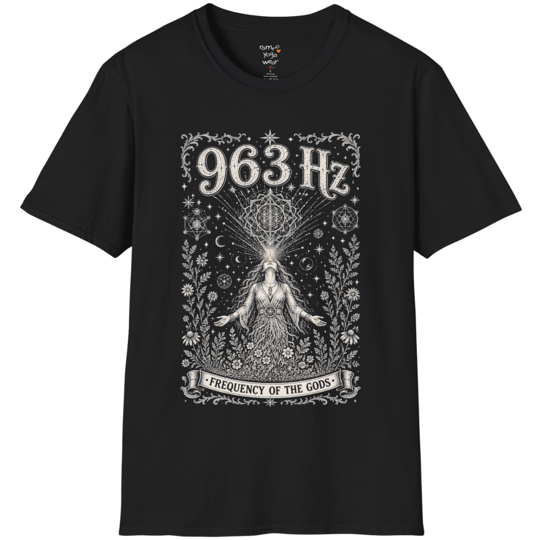 963 Hz woman crown chakra sacred geometry cosmic engraving design — Dark Sacred Stillness collection by Ramro Yoga Wear in black