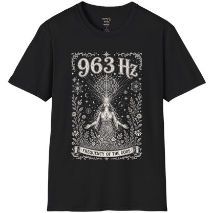 963 Hz woman crown chakra sacred geometry cosmic engraving design — Dark Sacred Stillness collection by Ramro Yoga Wear in black
