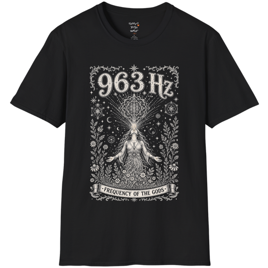 963 Hz woman crown chakra sacred geometry cosmic engraving design — Dark Sacred Stillness collection by Ramro Yoga Wear in black
