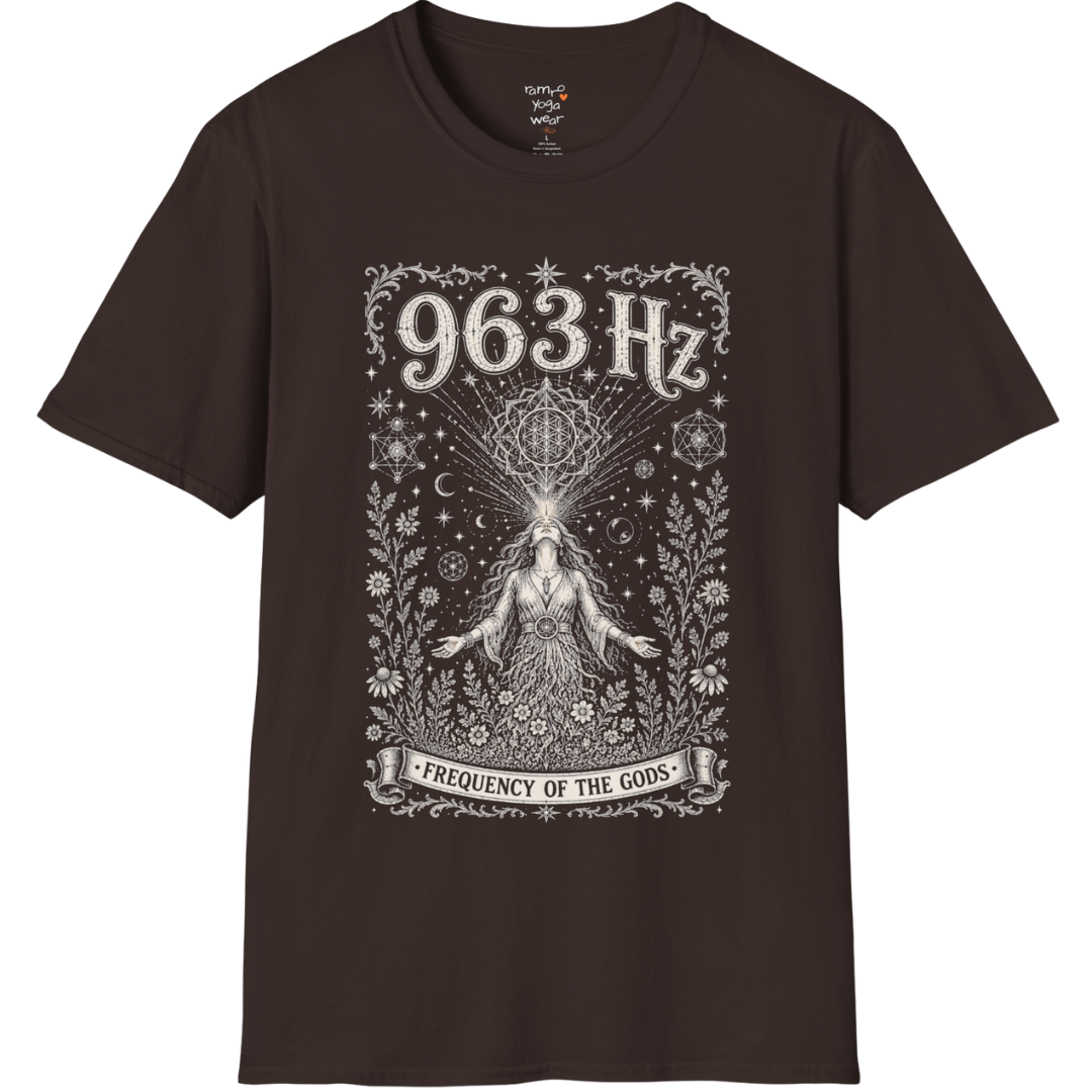 963 Hz woman crown chakra sacred geometry cosmic engraving design — Dark Sacred Stillness collection by Ramro Yoga Wear