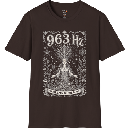 963 Hz woman crown chakra sacred geometry cosmic engraving design — Dark Sacred Stillness collection by Ramro Yoga Wear