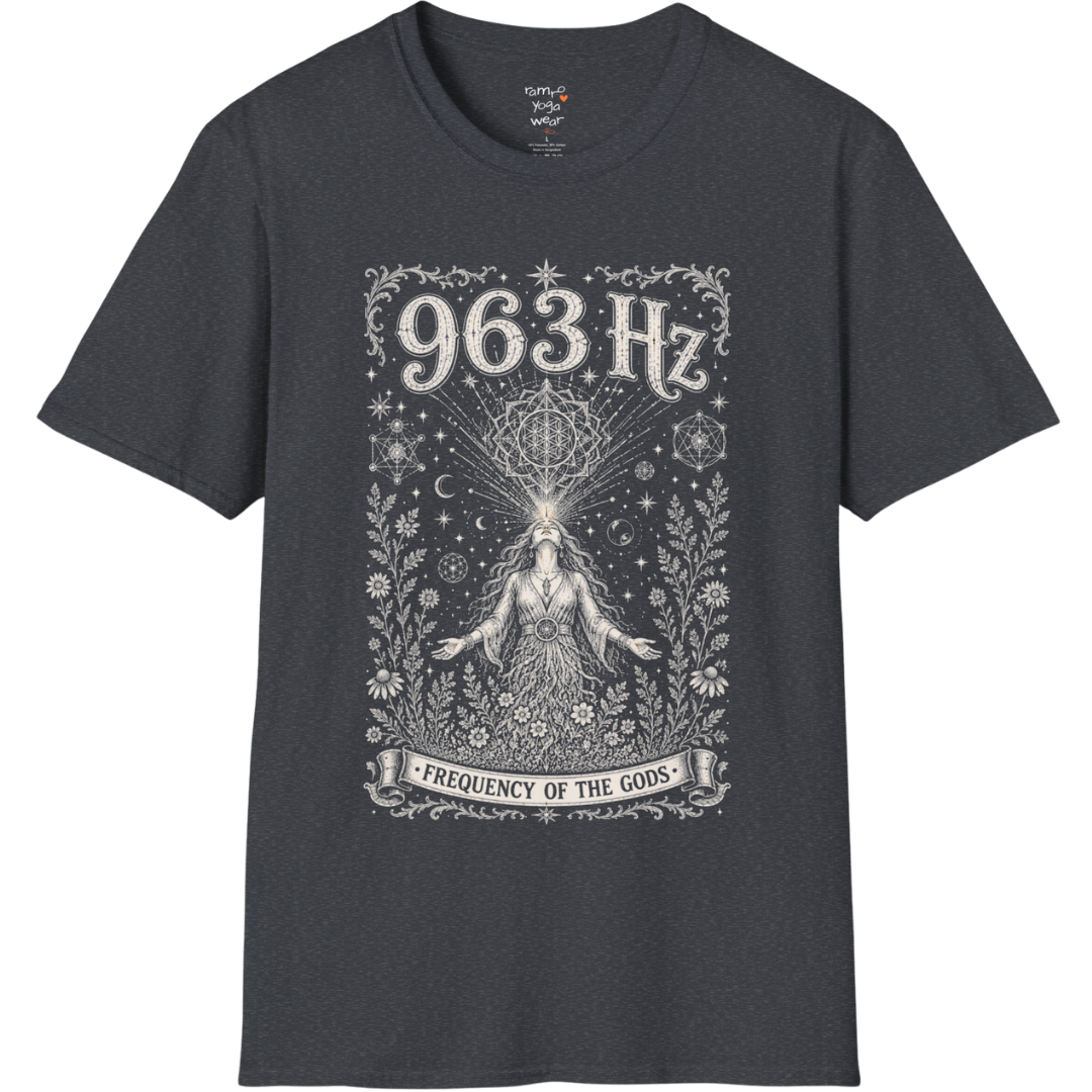 963 Hz woman crown chakra sacred geometry cosmic engraving design — Dark Sacred Stillness collection by Ramro Yoga Wear in dark heather grey