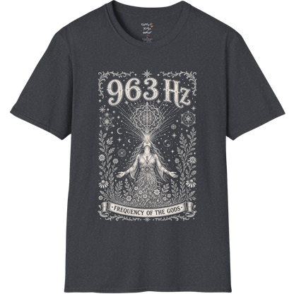 963 Hz woman crown chakra sacred geometry cosmic engraving design — Dark Sacred Stillness collection by Ramro Yoga Wear in dark heather grey