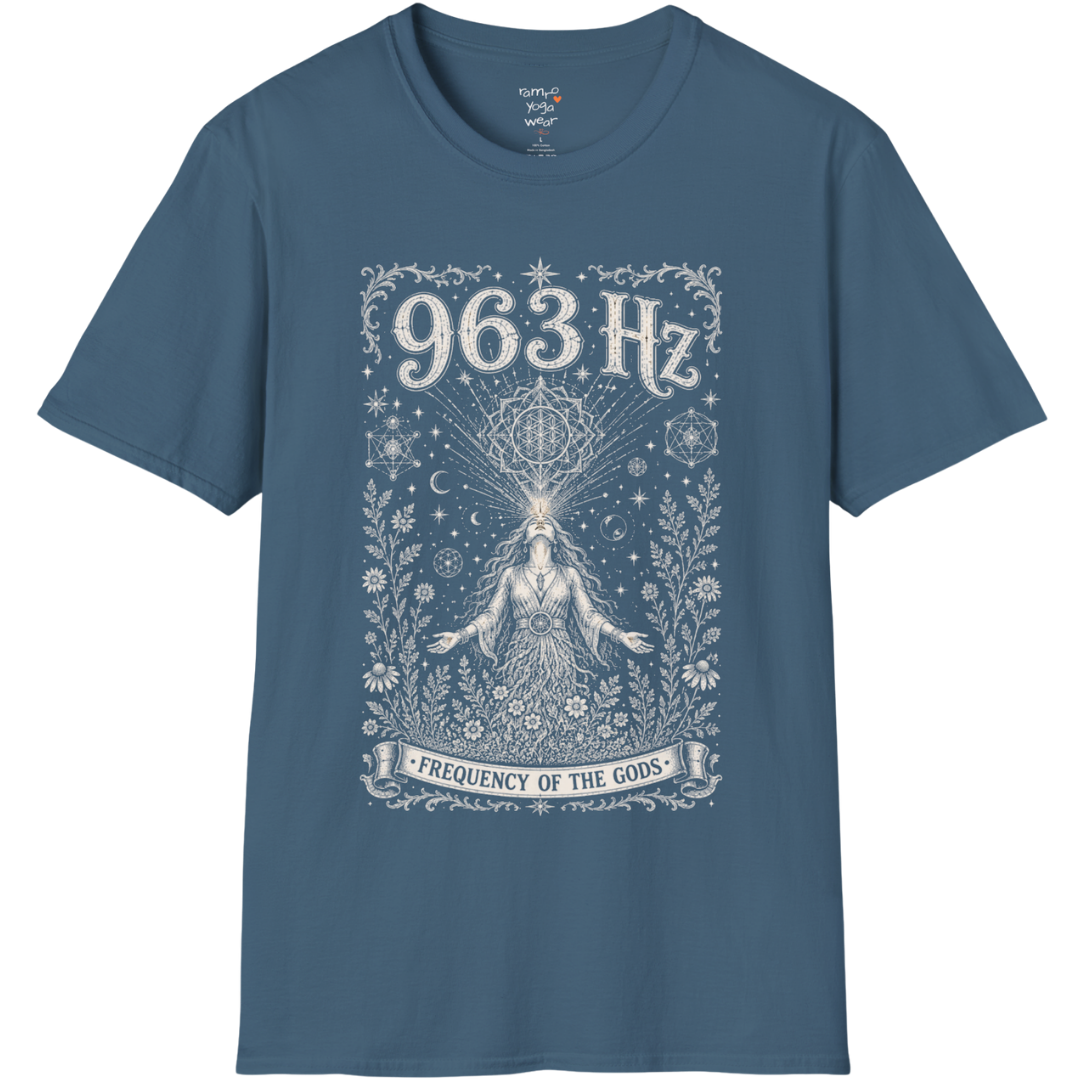 963 Hz woman crown chakra sacred geometry cosmic engraving design — Dark Sacred Stillness collection by Ramro Yoga Wear in Indigo Blue