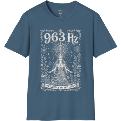 963 Hz woman crown chakra sacred geometry cosmic engraving design — Dark Sacred Stillness collection by Ramro Yoga Wear in Indigo Blue