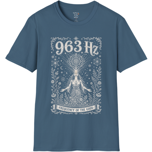 963 Hz woman crown chakra sacred geometry cosmic engraving design — Dark Sacred Stillness collection by Ramro Yoga Wear in Indigo Blue