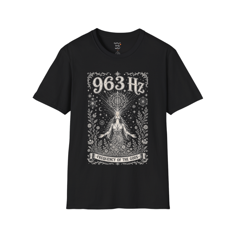 963 Hz woman crown chakra sacred geometry cosmic engraving design — Dark Sacred Stillness collection by Ramro Yoga Wear in black