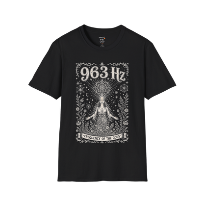 963 Hz woman crown chakra sacred geometry cosmic engraving design — Dark Sacred Stillness collection by Ramro Yoga Wear in black