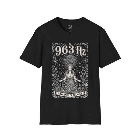 963 Hz woman crown chakra sacred geometry cosmic engraving design — Dark Sacred Stillness collection by Ramro Yoga Wear in black