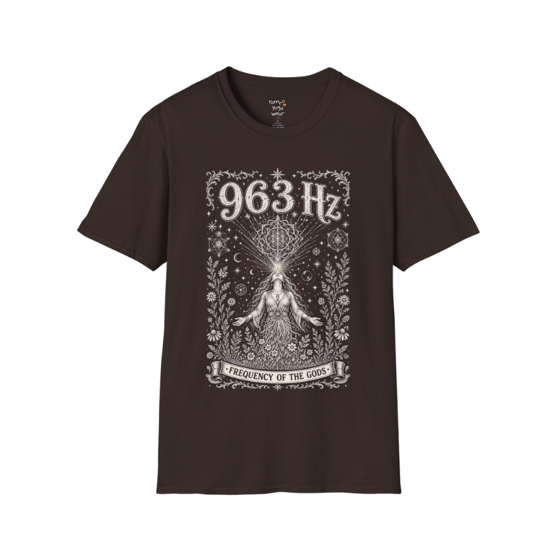 963 Hz woman crown chakra sacred geometry cosmic engraving design — Dark Sacred Stillness collection by Ramro Yoga Wear