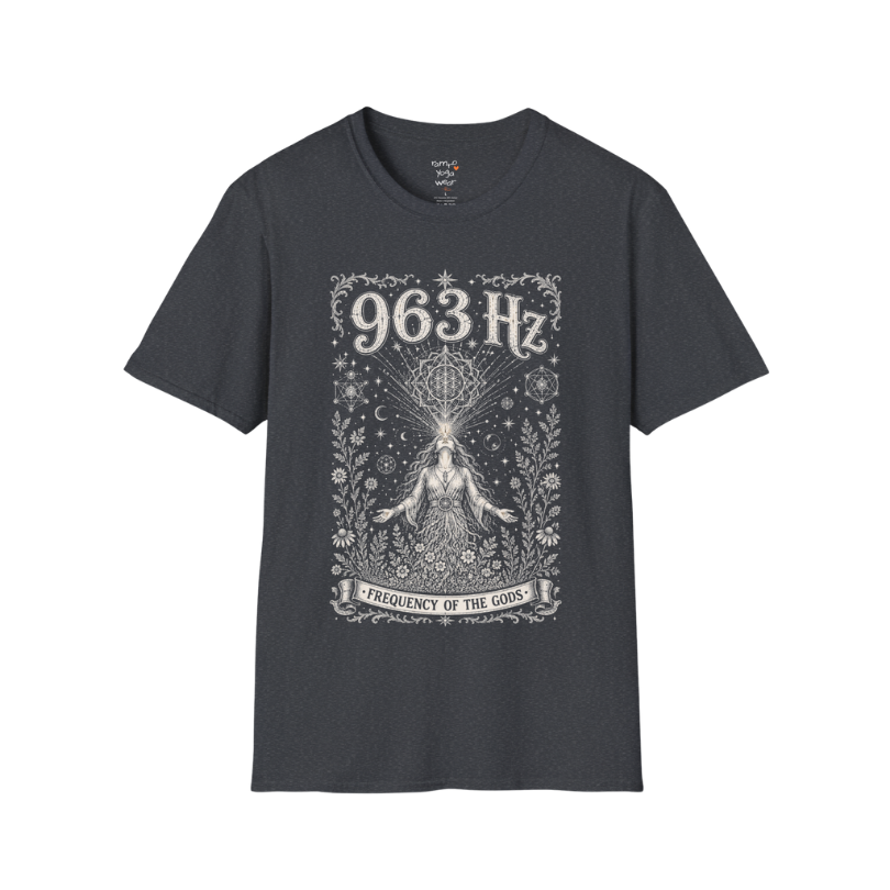 963 Hz woman crown chakra sacred geometry cosmic engraving design — Dark Sacred Stillness collection by Ramro Yoga Wear in dark heather grey