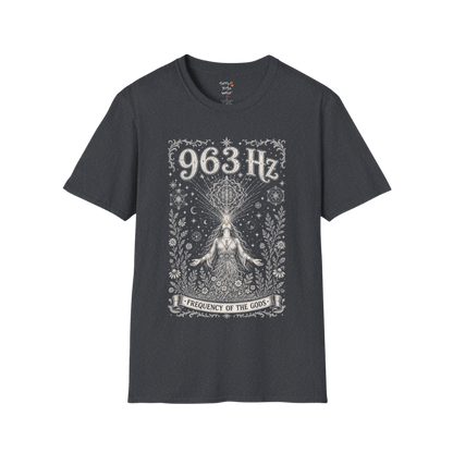 963 Hz woman crown chakra sacred geometry cosmic engraving design — Dark Sacred Stillness collection by Ramro Yoga Wear in dark heather grey
