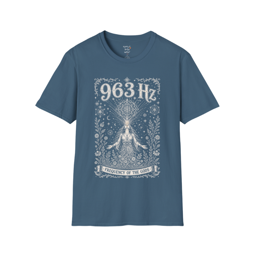 963 Hz woman crown chakra sacred geometry cosmic engraving design — Dark Sacred Stillness collection by Ramro Yoga Wear in Indigo Blue